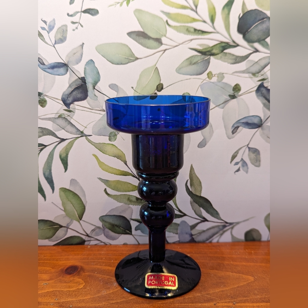 Cobalt blue blown glass candle holder